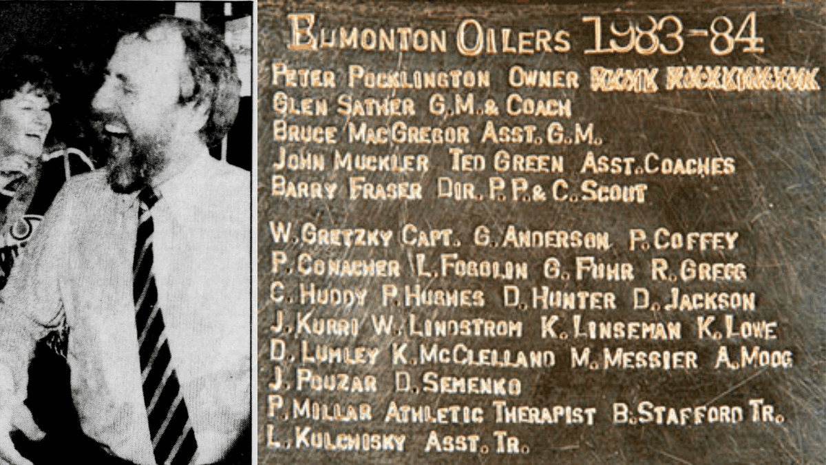 Peter Pocklington celebrates the Edmonton Oilers Stanley Cup victory, featured in the May 22, 1984 issue of the Edmonton Journal (Left). CREDIT: Edmonton Journal. Basil Pocklington's name is X'ed out of the Stanley Cup (right).