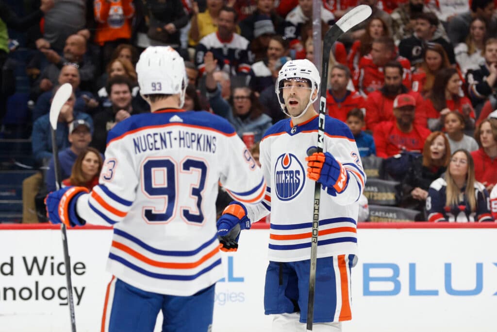 Edmonton Oilers Ryan Nugent-Hopkins and Evan Bouchard