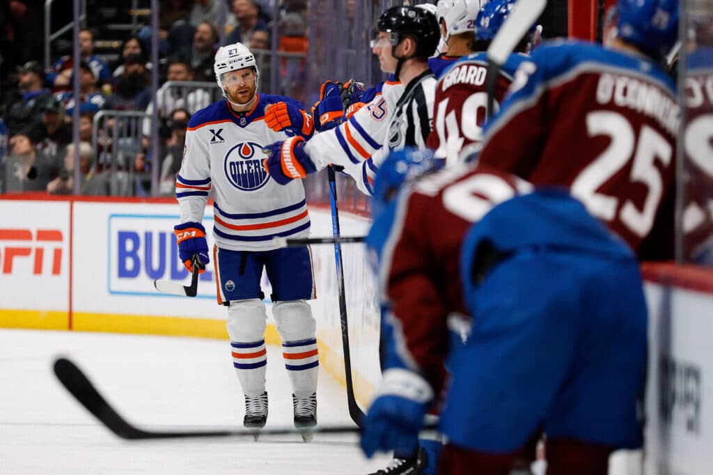 Edmonton Oilers Brett Kulak celebrates goal