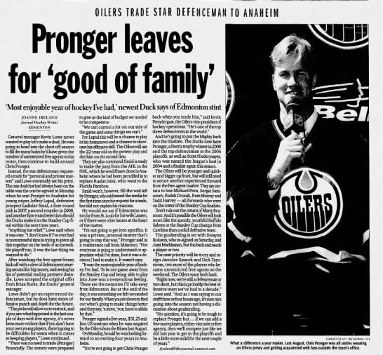 Edmonton Oilers Trade Tree: Chris Pronger traded to Anaheim Ducks