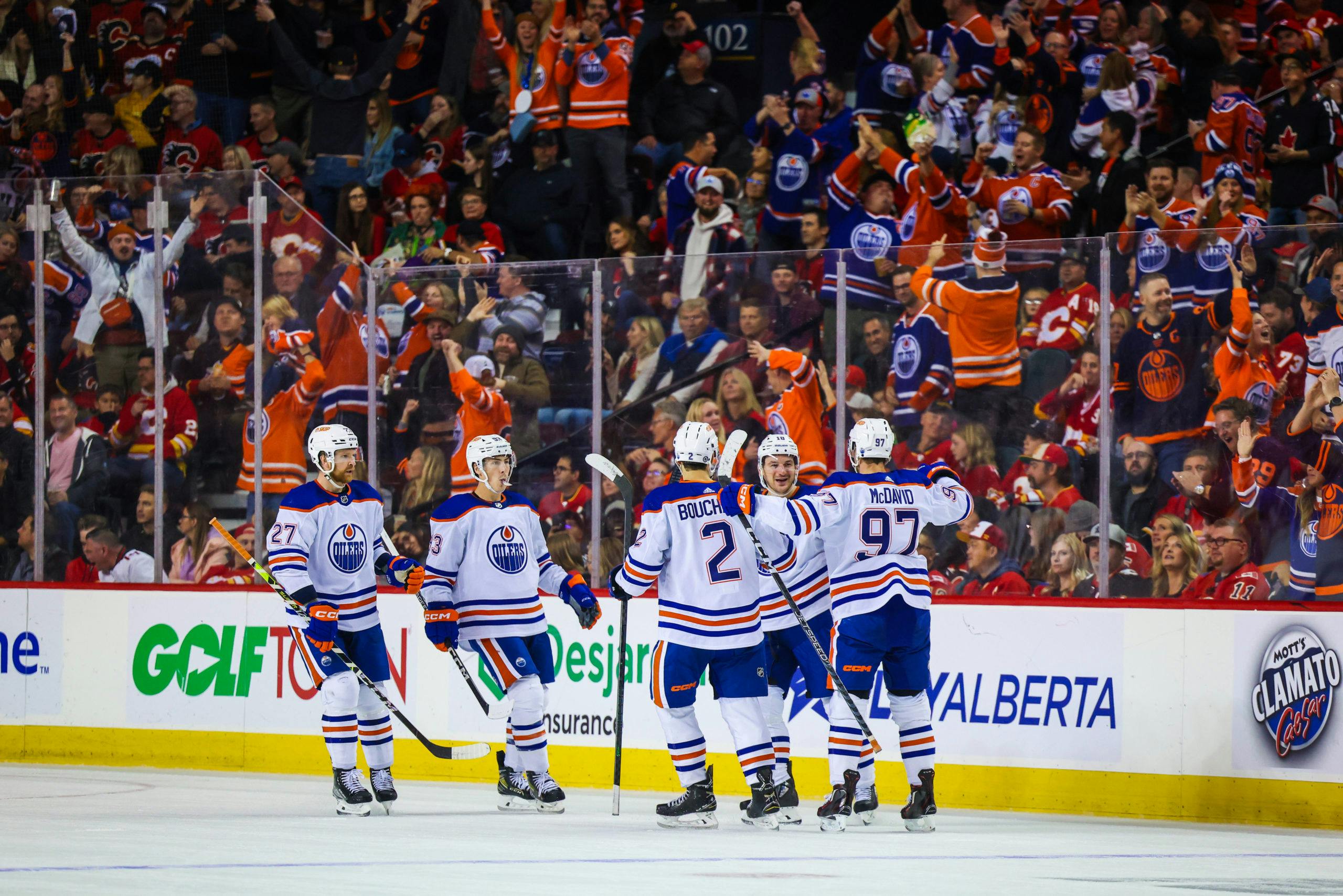 Edmonton Oilers winger Zach Hyman is congratulated for his goal against the  Calgary Flames during the first period of Game 4 of an NHL hockey Stanley  Cup playoffs second-round series Tuesday, May