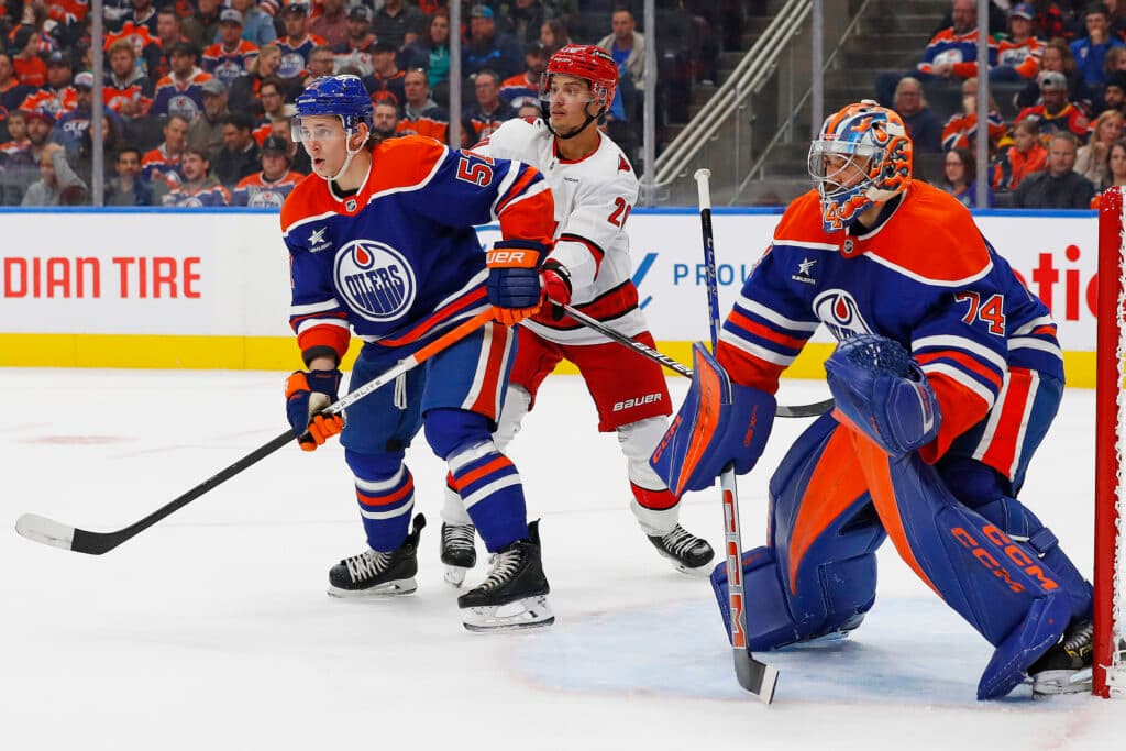 Edmonton Oilers defenceman Troy Stecher and goalie Stuart Skinner