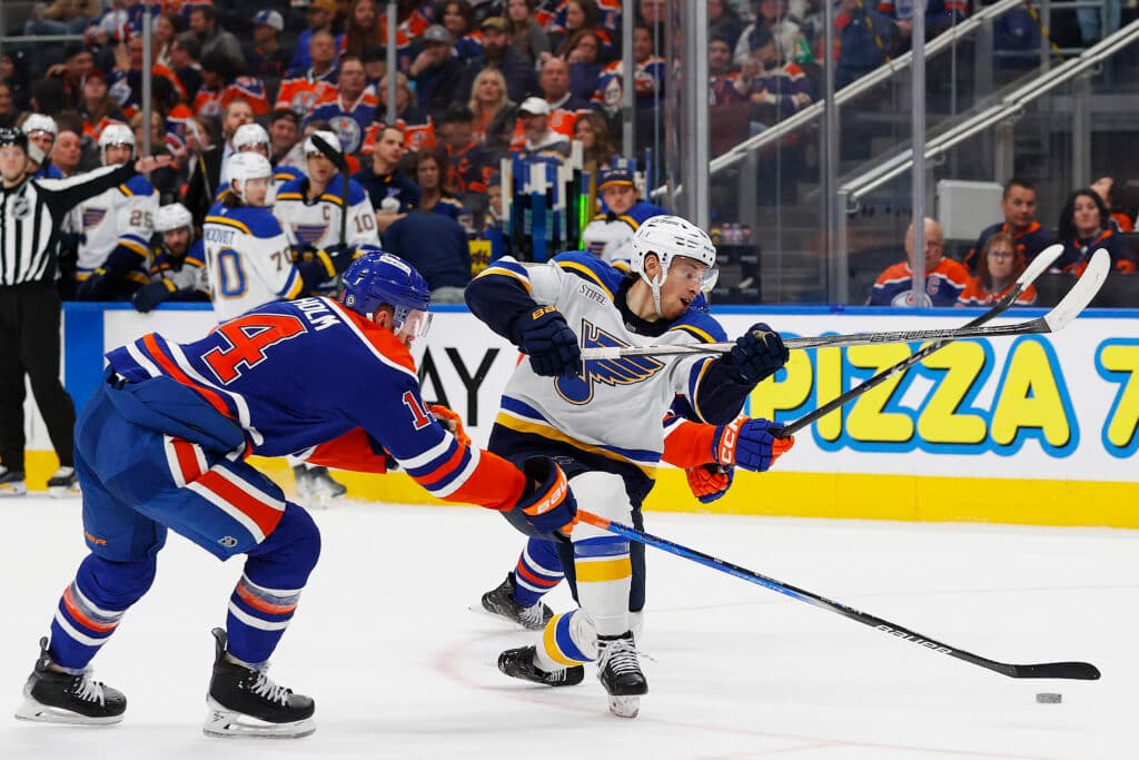 St. Louis Blues forward Dylan Holloway against Edmonton Oilers