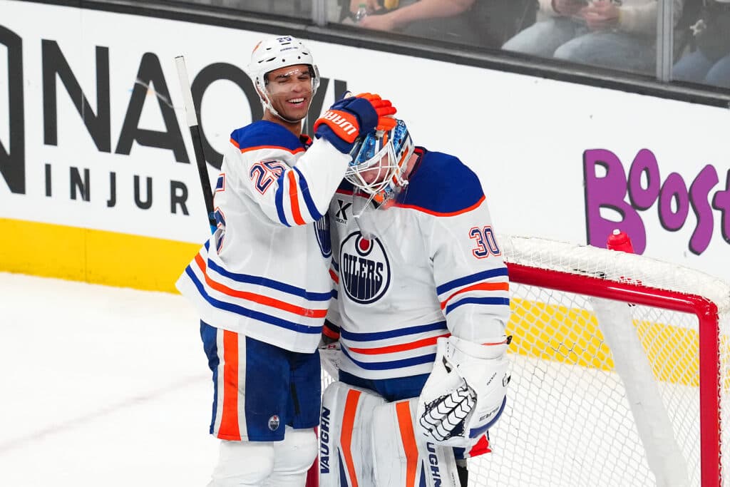 Edmonton Oilers Darnell Nurse and Calvin Pickard