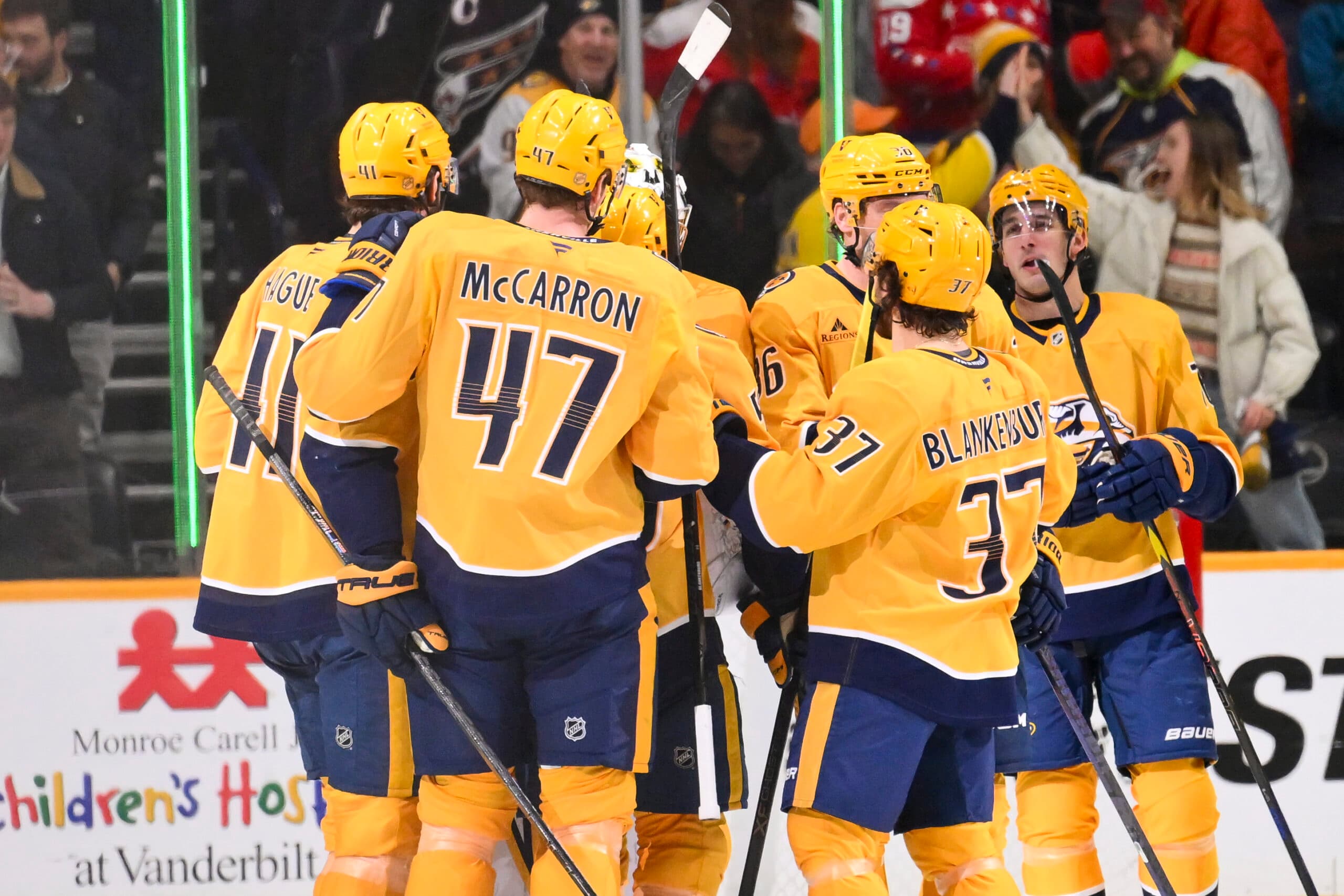 Jan 11, 2026; Nashville, Tennessee, USA; Nashville Predators celebrates the win against the Washington Capitals during the third period at Bridgestone Arena. Mandatory Credit: Steve Roberts-Imagn Images