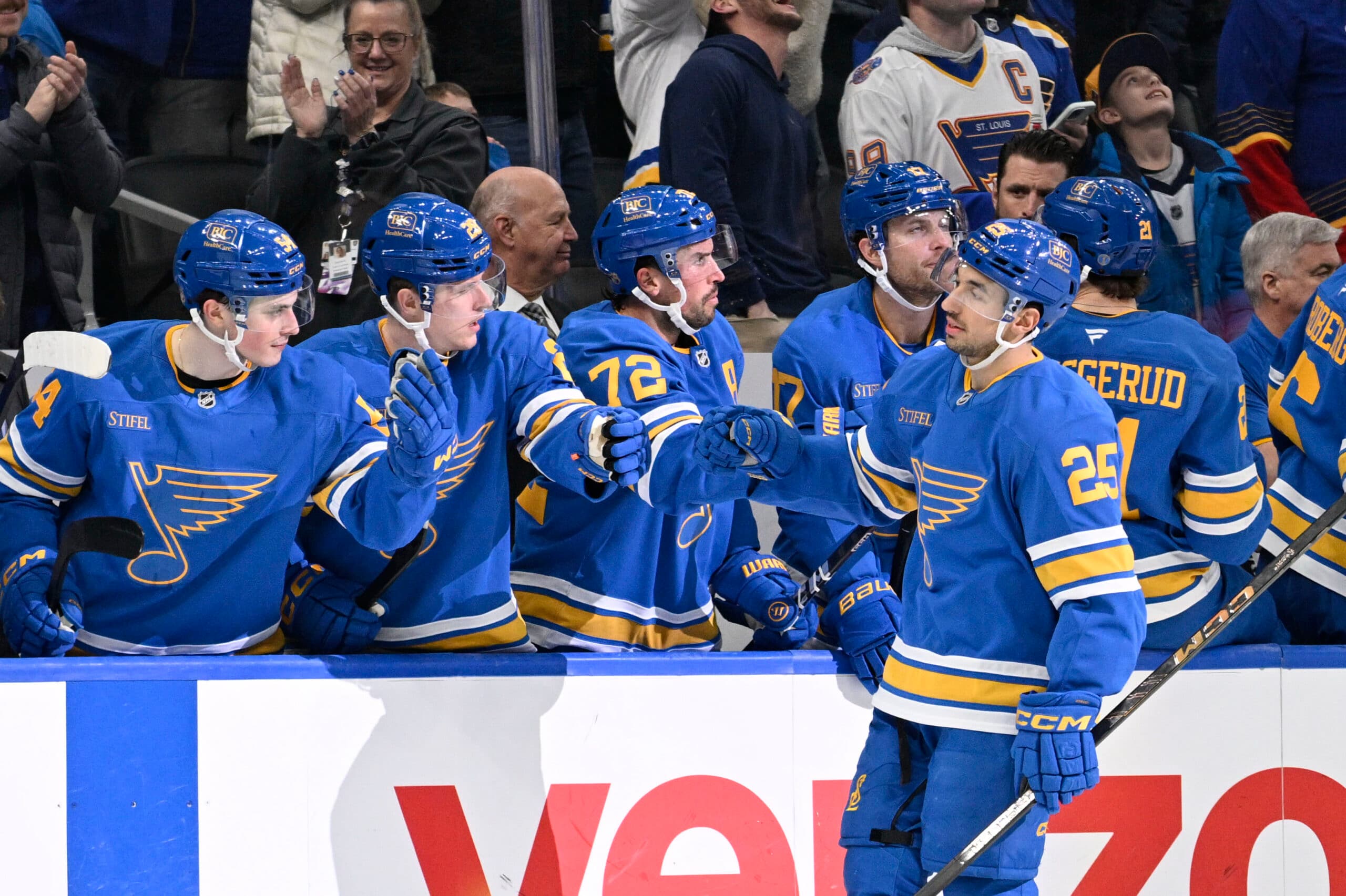 Jan 16, 2026; St. Louis, Missouri, USA; St. Louis Blues right wing Jordan Kyrou (25) is congratulated by teammates after scoring the game winging goal against the Tampa Bay Lightning in the shootout at Enterprise Center. Mandatory Credit: Jeff Le-Imagn Images