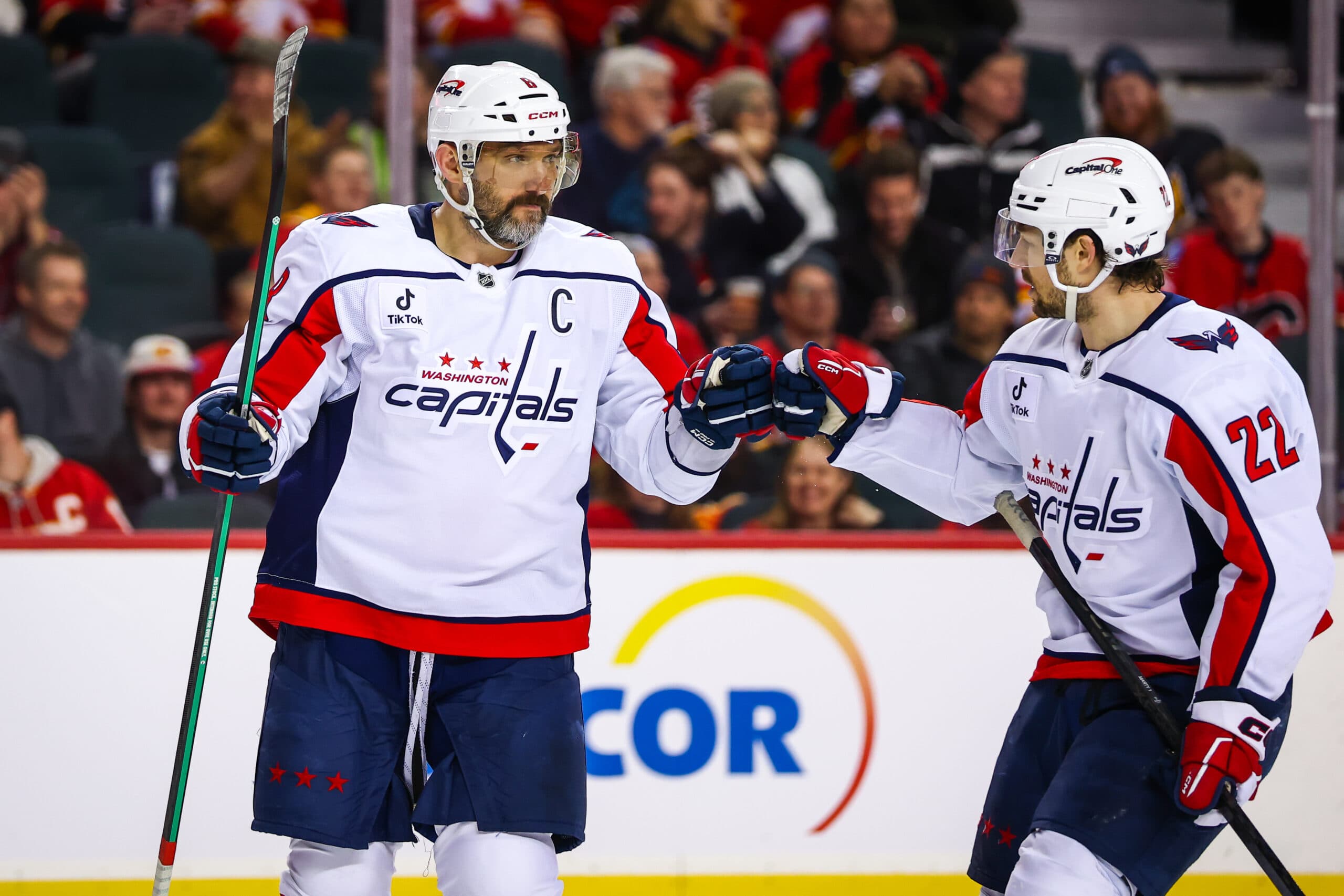 Jan 23, 2026; Calgary, Alberta, CAN; Washington Capitals left wing Alex Ovechkin (8) scores a goal against the Calgary Flames during the third period at Scotiabank Saddledome. Mandatory Credit: Sergei Belski-Imagn Images