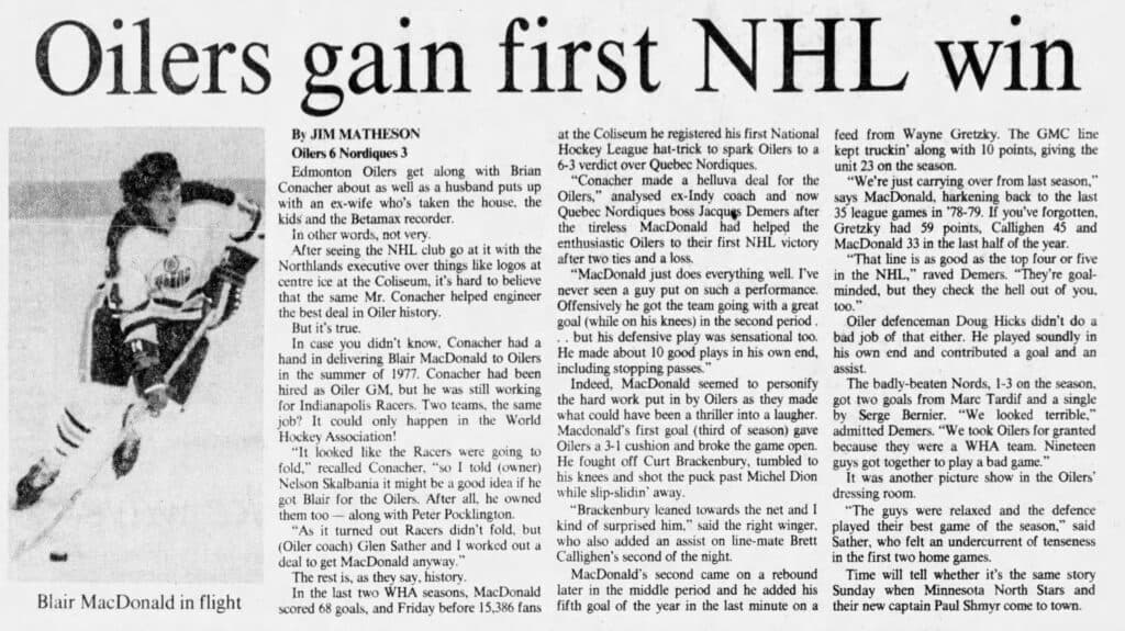 The Oct. 20 edition of the Edmonton Journal, where Jim Matheson breaks down a hat-trick performance from Blair MacDonald in the historic occasion. 