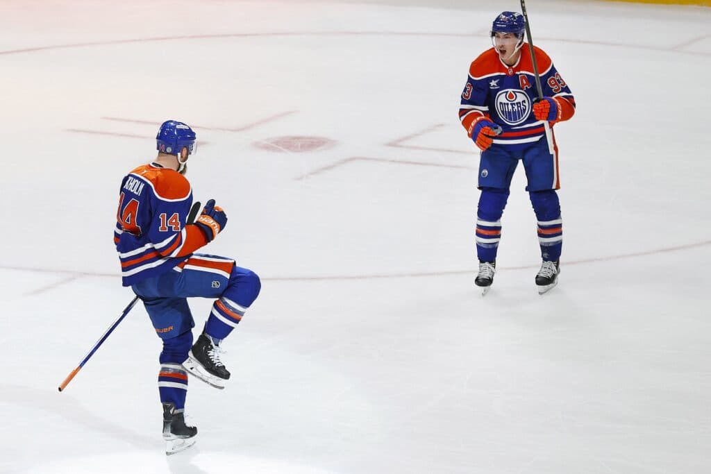 Edmonton Oilers defensemen Mattias Ekholm (14) celebrates his overtime winning goal against the Boston Bruins at Rogers Place
