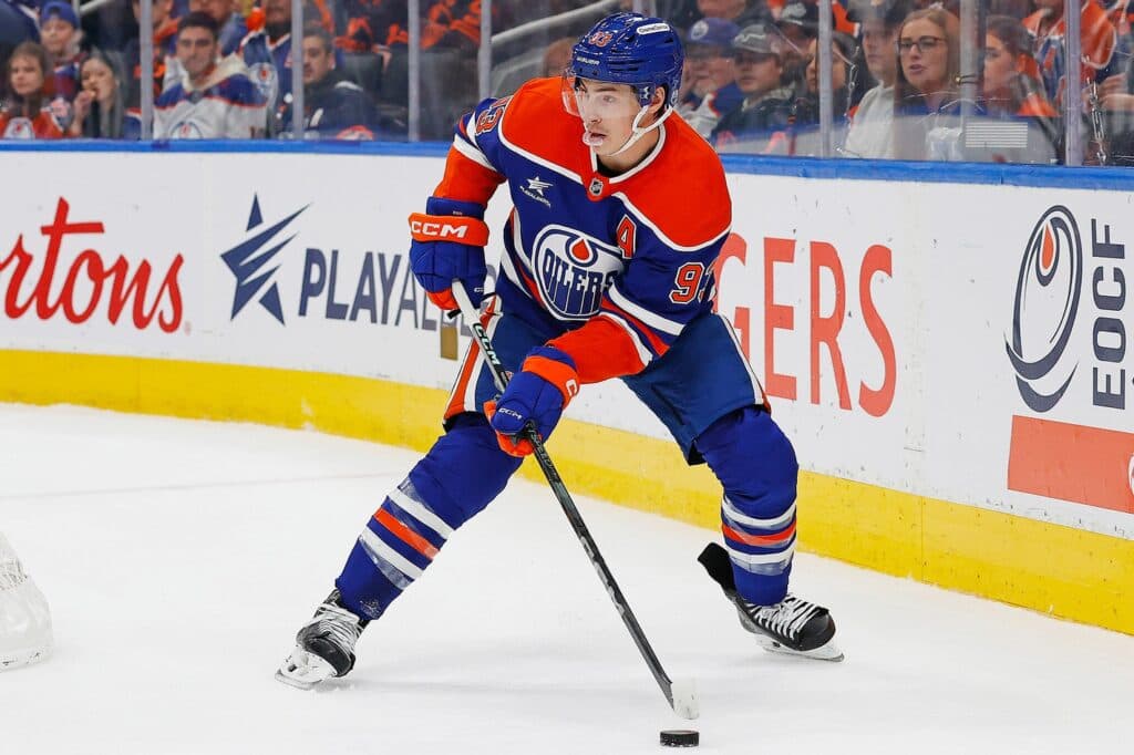 Edmonton Oilers Ryan Nugent-Hopkins handles the puck