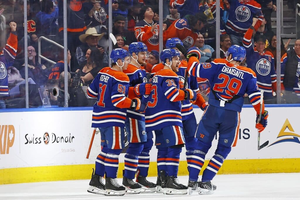 Edmonton Oilers celebrate goal against Calgary Flames