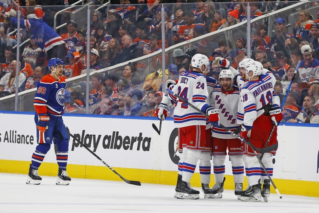 New York Rangers celebrate goal Edmonton Oilers