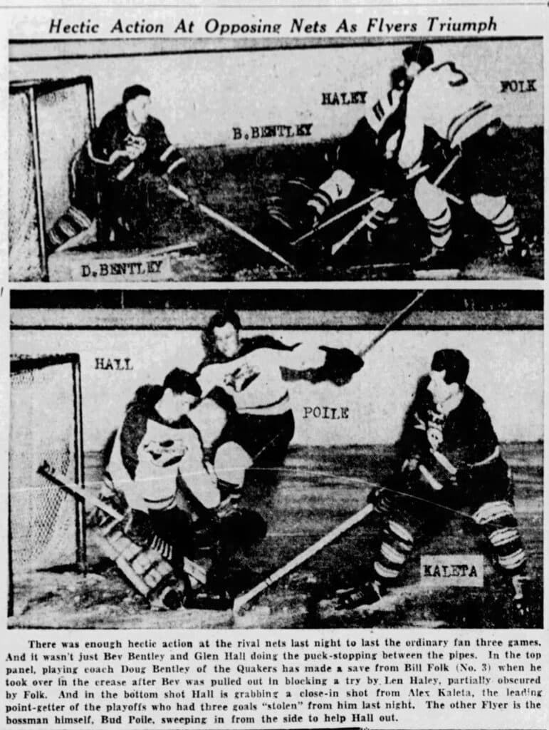 Hall stands tall as the Flyers continue to collect playoff wins in the 1953 WHL playoffs. Image credit: Edmonton Journal, April 21, 1953.