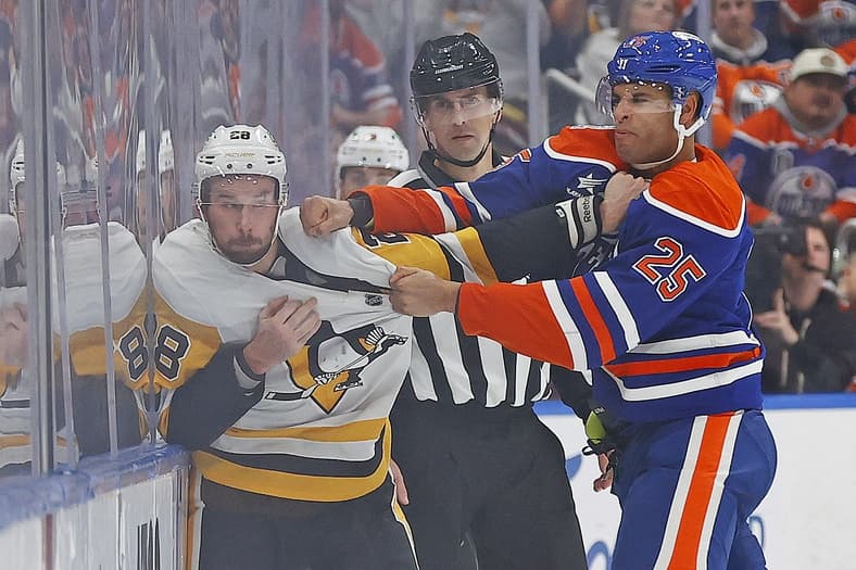 Edmonton Oilers Darnell Nurse fights Marcus Pettersson