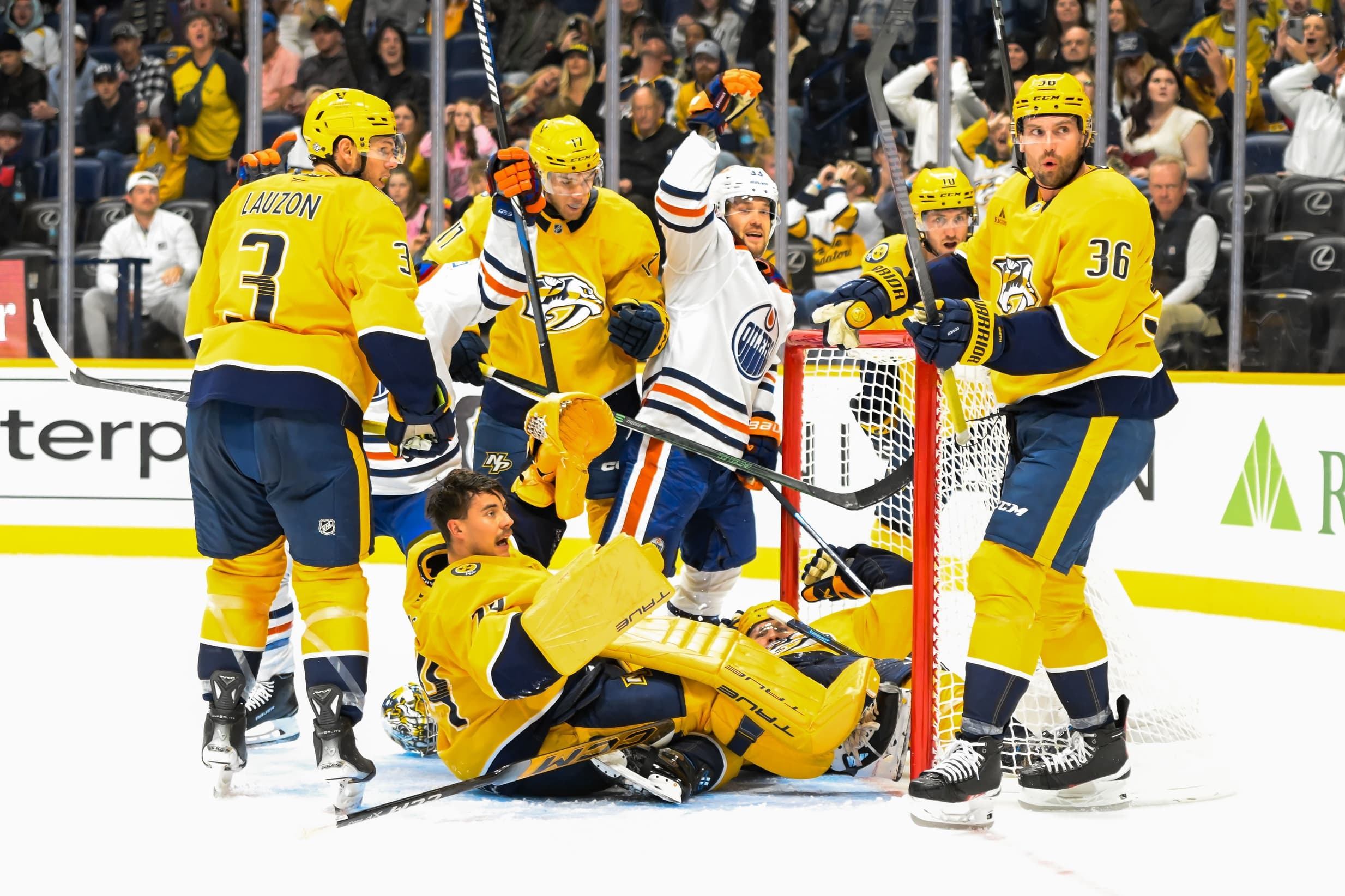 Edmonton Oilers forward Viktor Arvidsson in the Nashville Predators crease