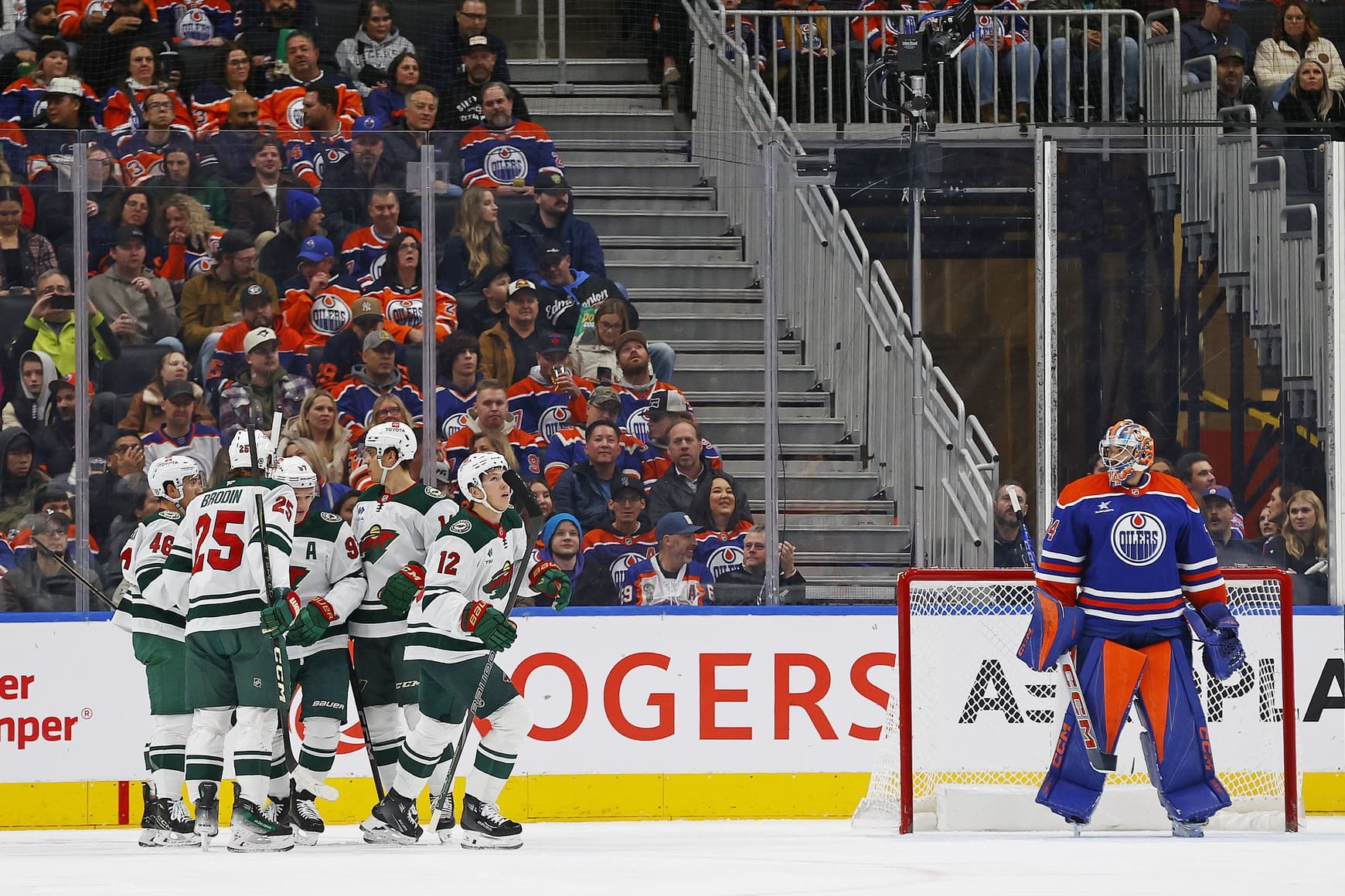 Minnesota Wild celebrate goal against Edmonton Oilers Stuart Skinner