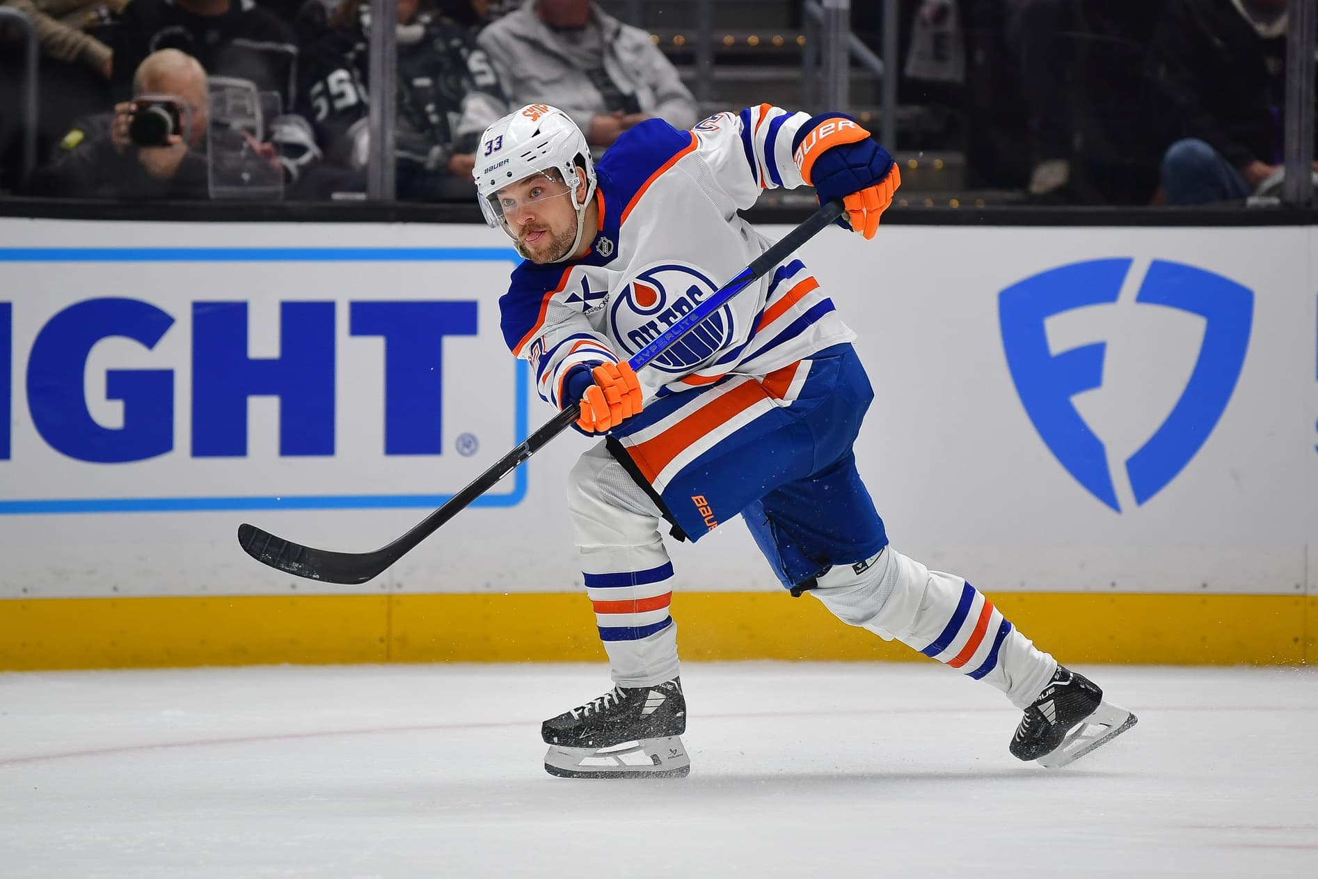 Edmonton Oilers Viktor Arvidsson takes slapshot