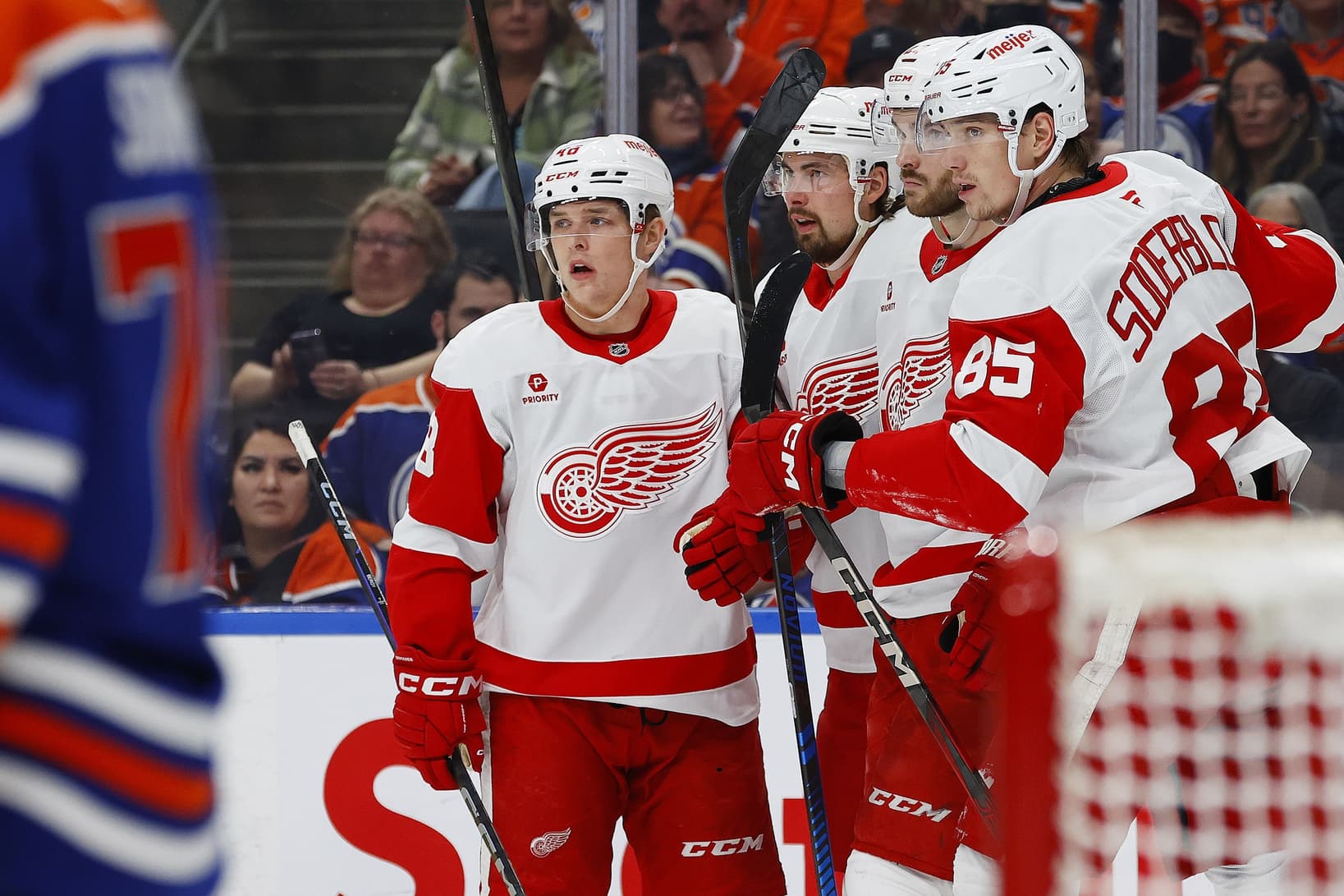 Detroit Red Wings celebrate goal in Edmonton