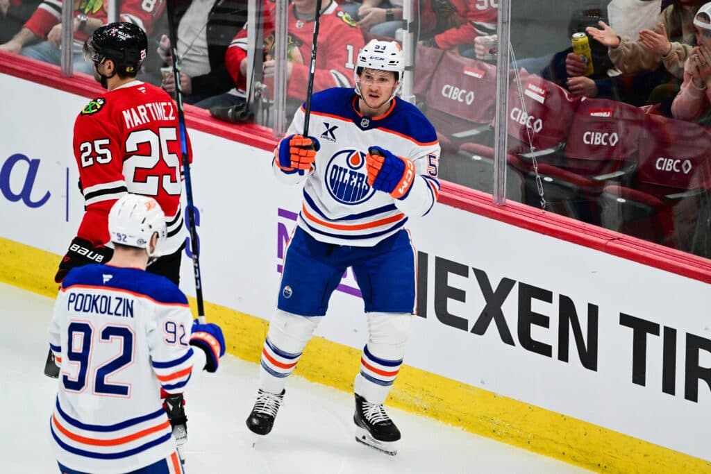 Edmonton Oilers Jeff Skinner scores goal against Chicago Blackhawks