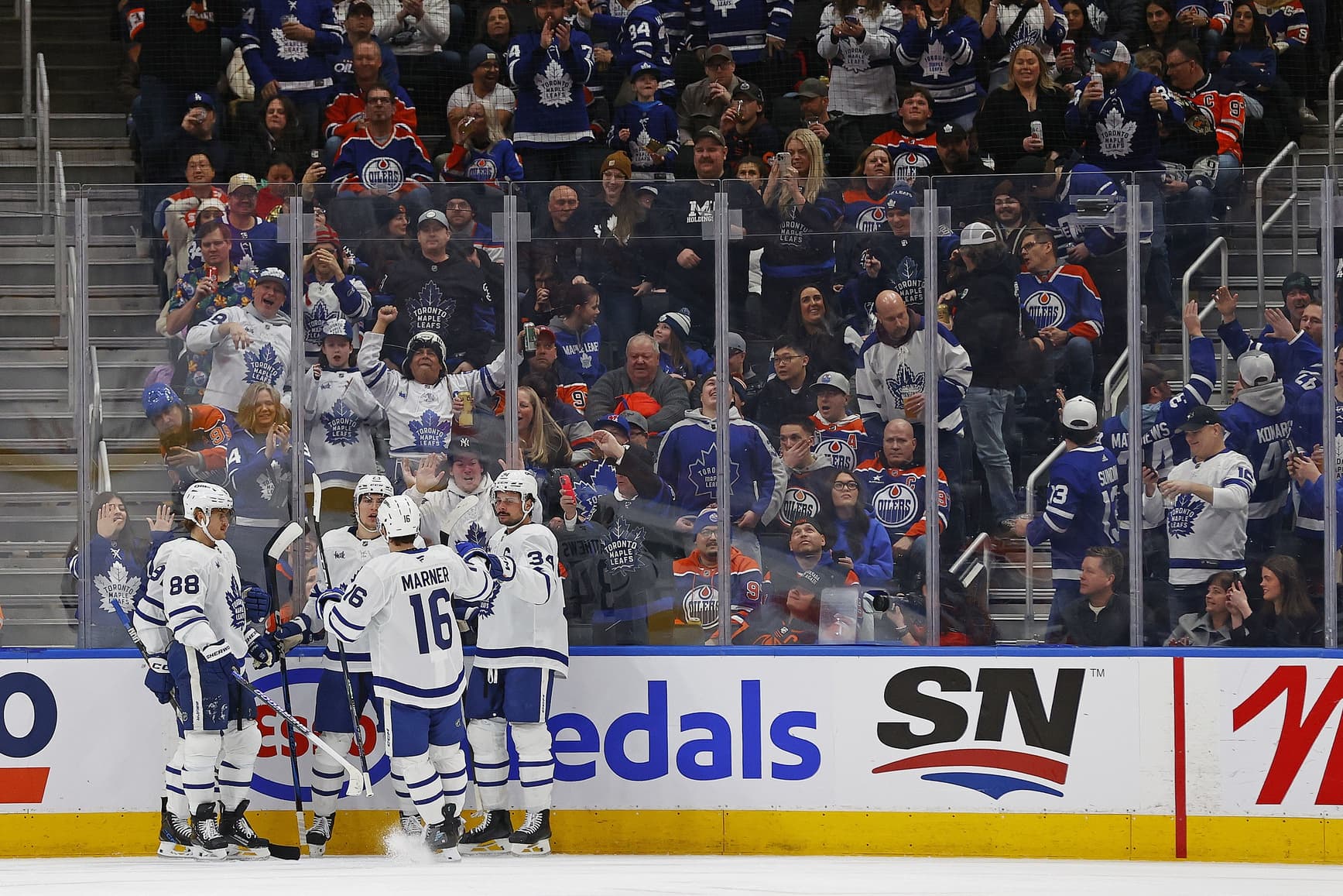 Leafs celebrate goal at Rogers Place