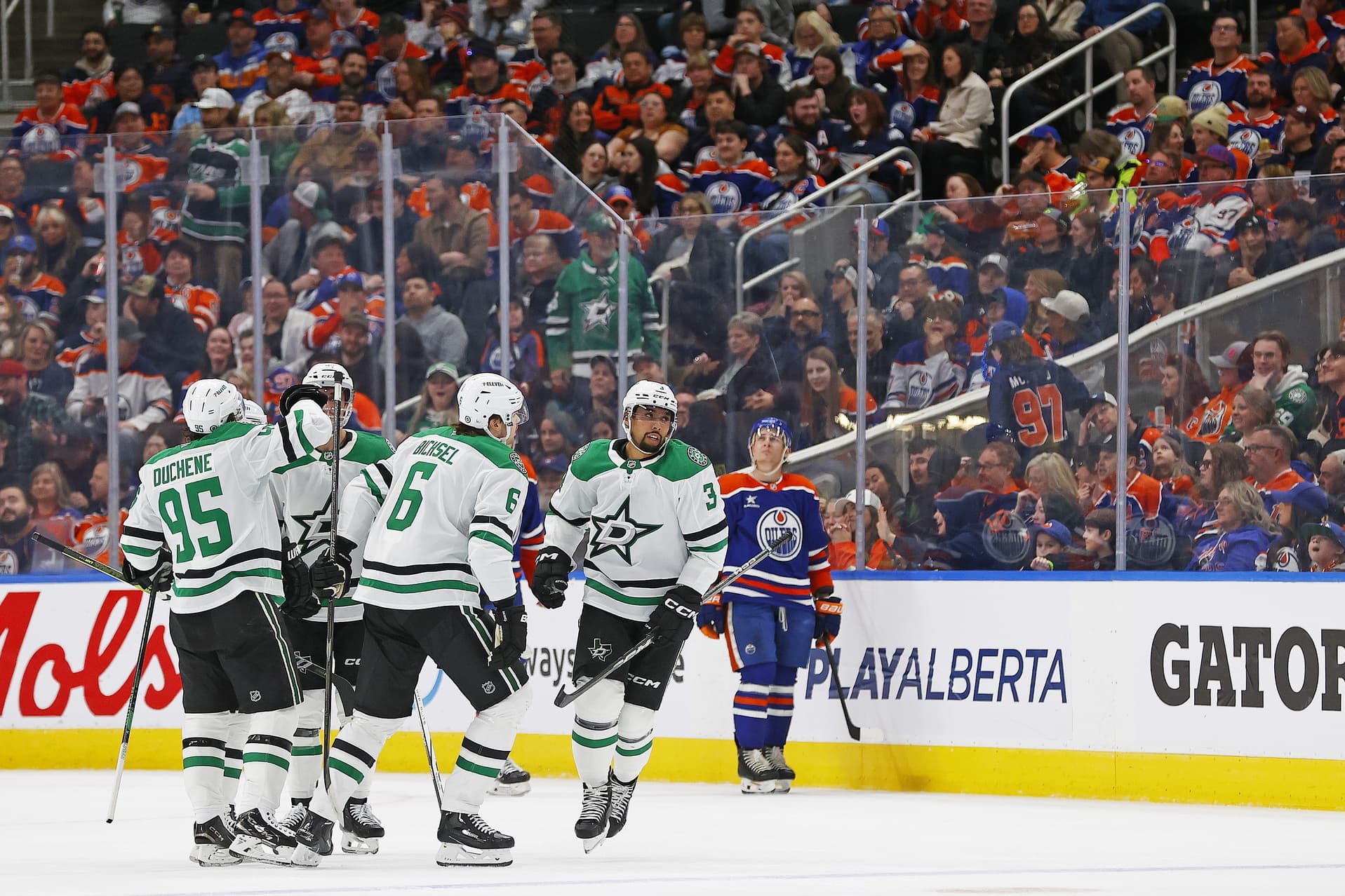 Dallas Stars celebrate goal against Edmonton Oilers at Rogers Place