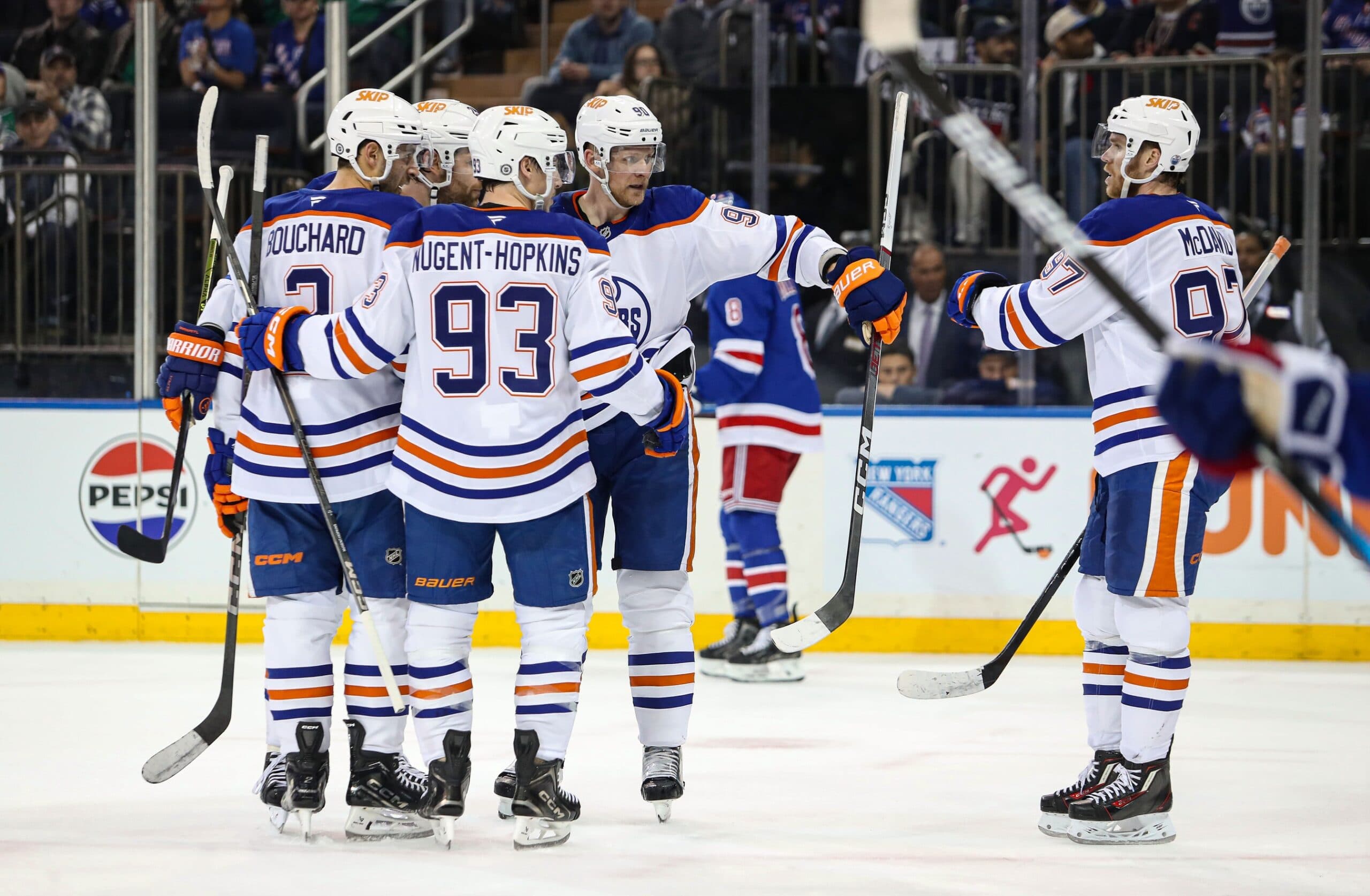 Edmonton Oilers Celebrate Goal at Madison Square Garden