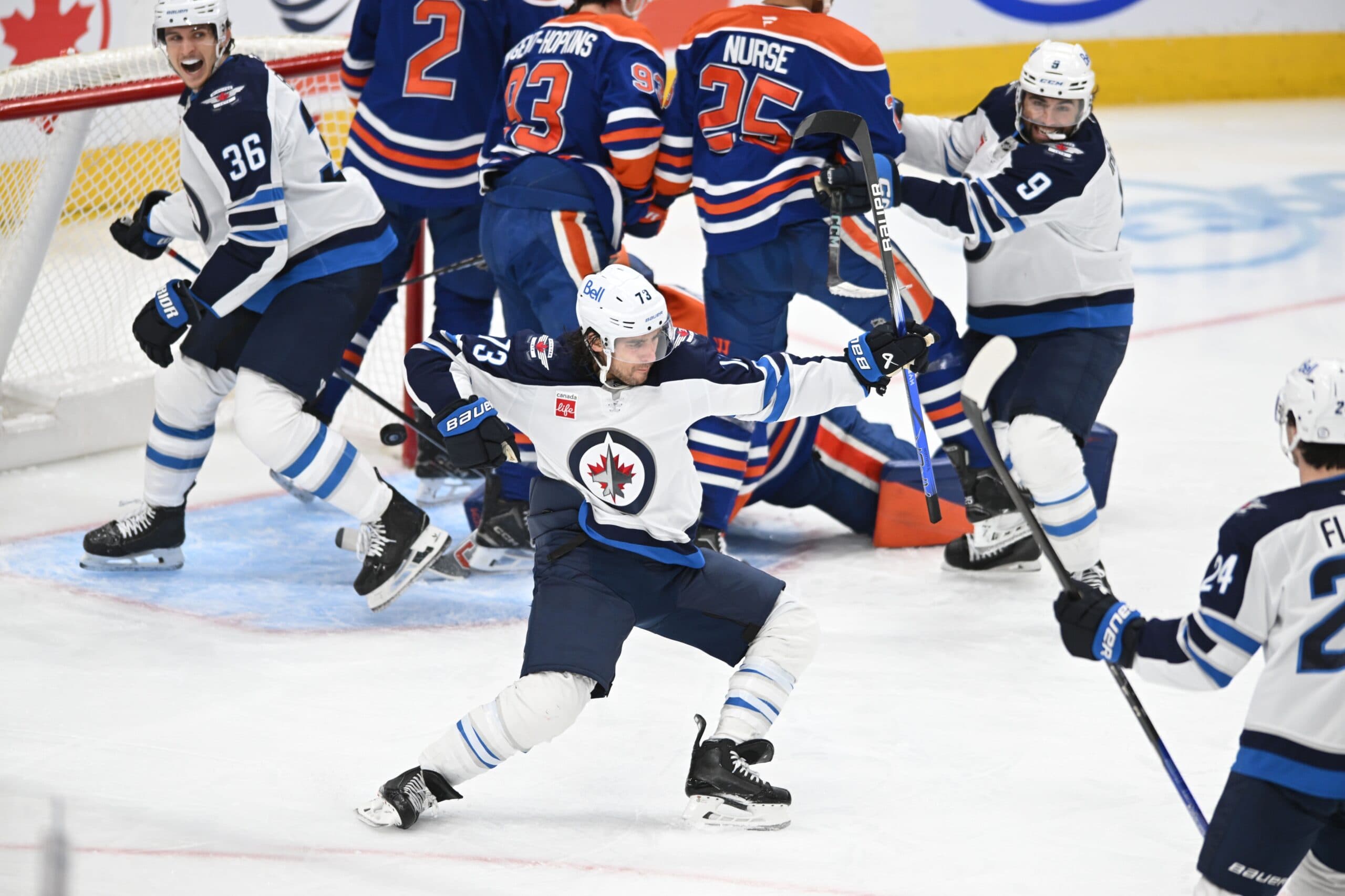 Winnipeg Jets celebrate goal at Rogers Place