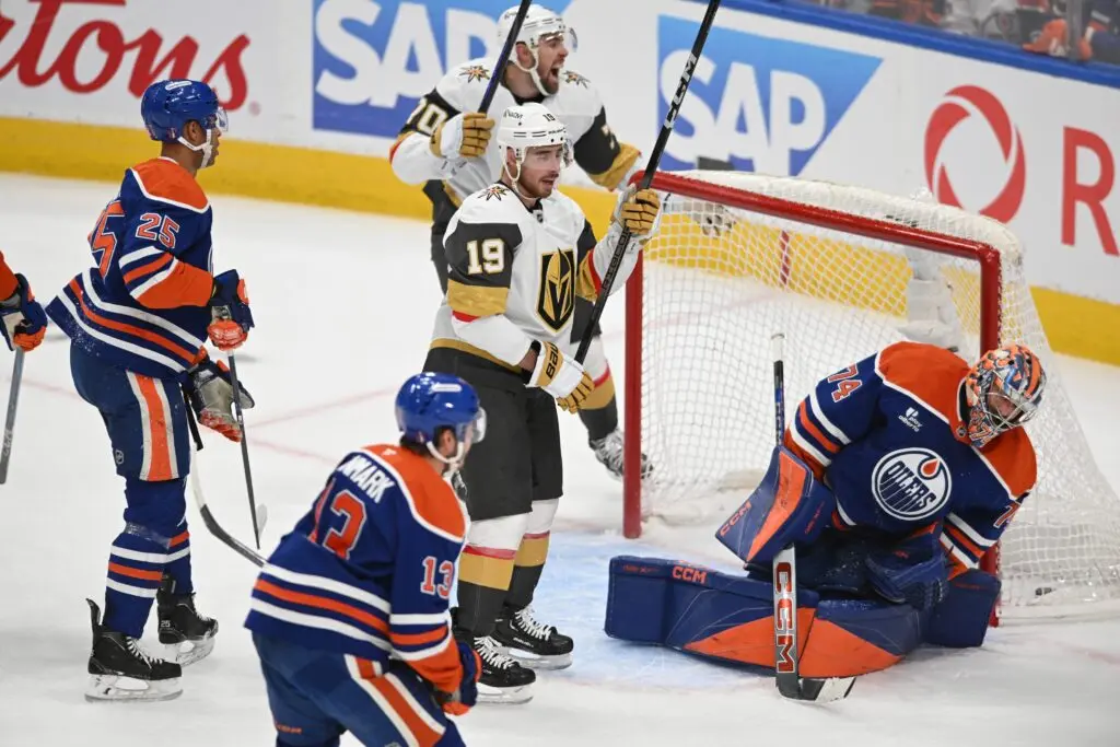 Edmonton Oiler Stuart Skinner allows goal Vegas Golden Knights