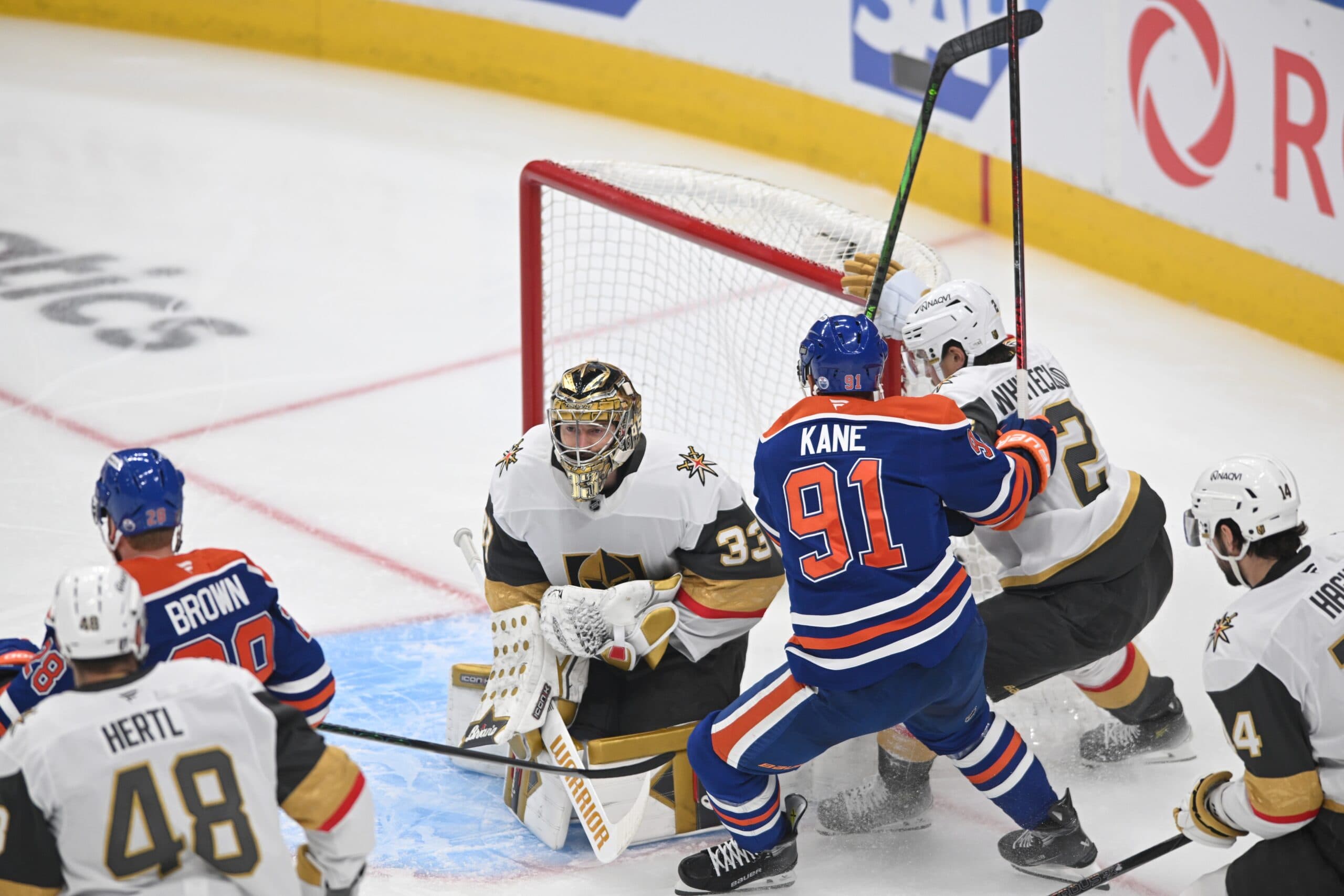 Edmonton Oilers Evander Kane charges Vegas Golden Knights Adin Hill