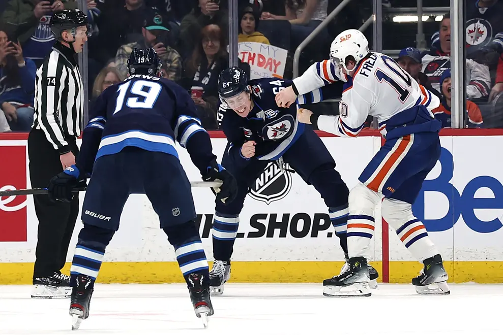 Edmonton Oilers Trent Frederic fights Winnipeg Jets Logan Stanley