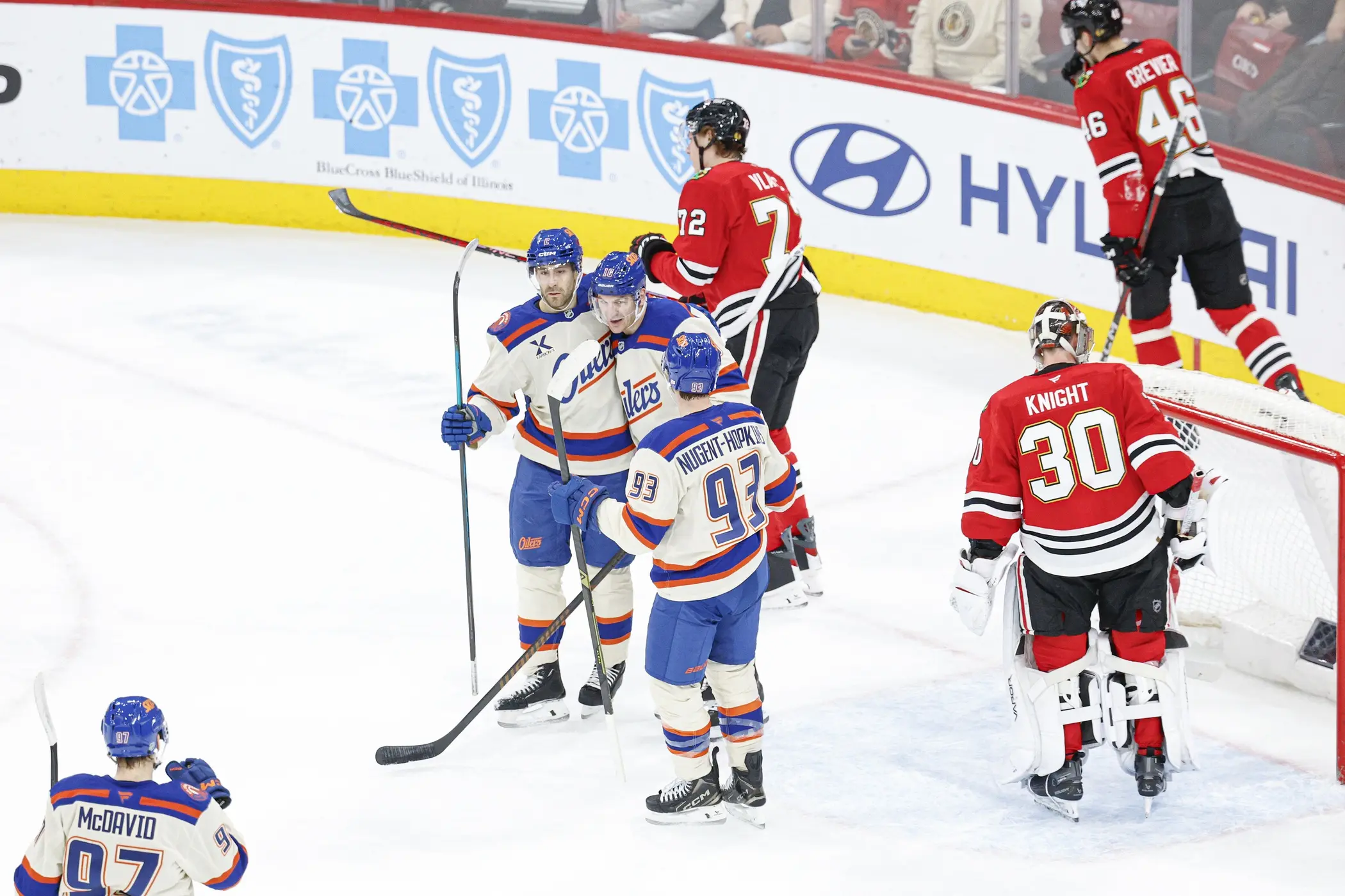 Edmonton Oilers celebrate Zach Hyman goal Chicago Blackhawks