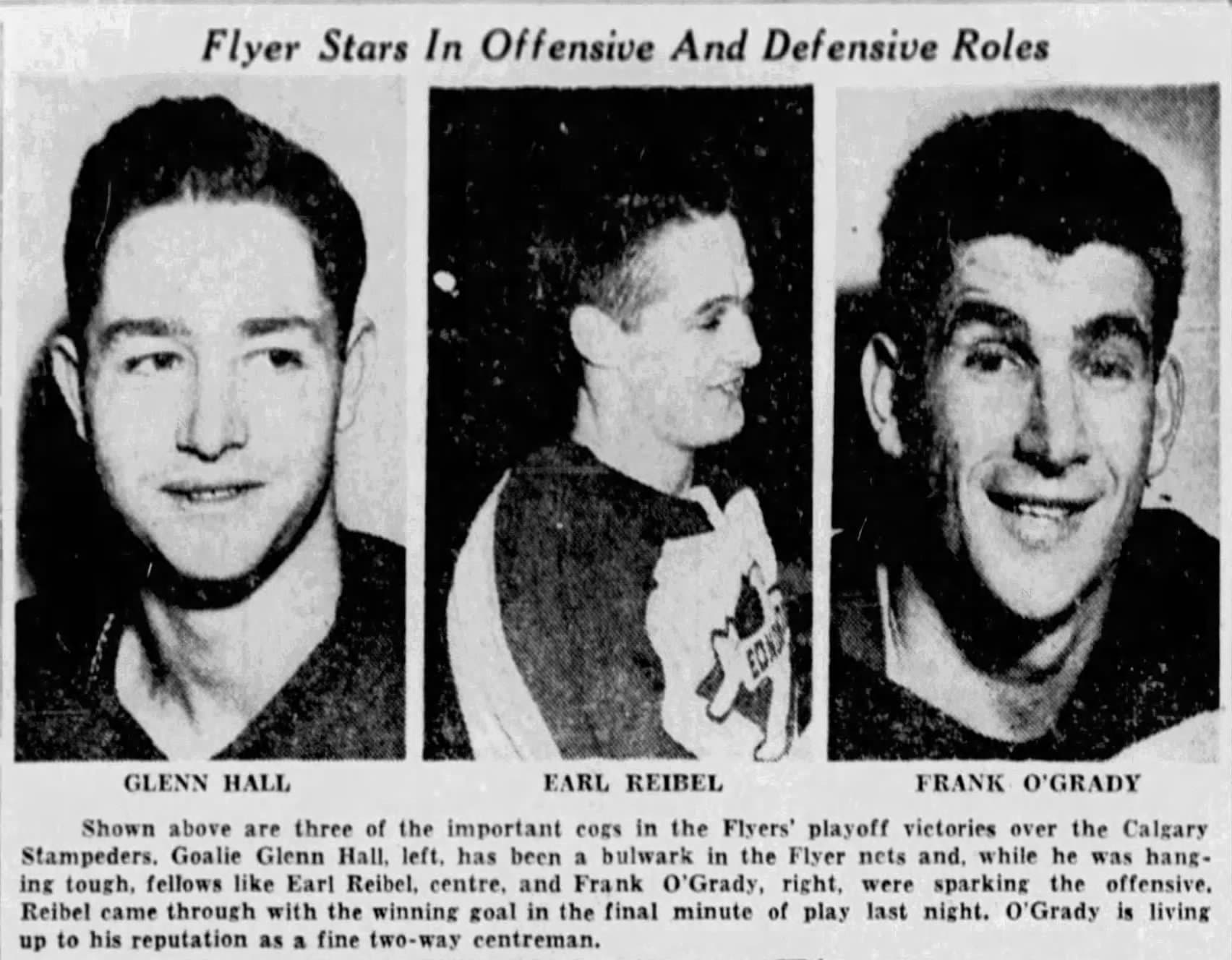 Glenn Hall helps lead the way for the Edmonton Flyers to an eventual WHL championship. Image credit: Edmonton Journal, March 27, 1953.