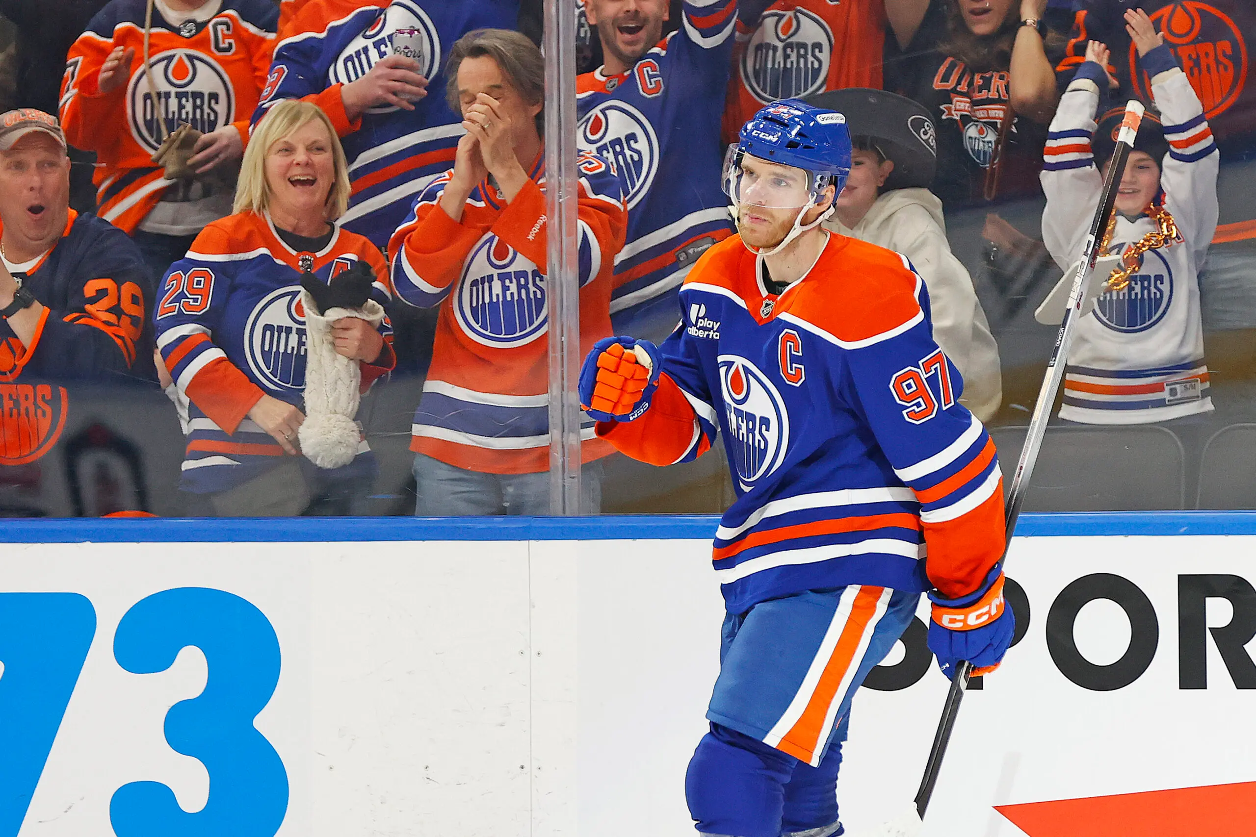 Jan 24, 2026; Edmonton, Alberta, CAN; Edmonton Oilers forward Connor McDavid (97) celebrates after scoring a goal during the third period against the Washington Capitals at Rogers Place. Mandatory Credit: Perry Nelson-Imagn Images