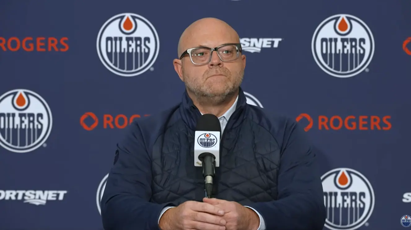 Credit: Edmonton Oilers. Stan Bowman speaks before training camp on Sept. 16.