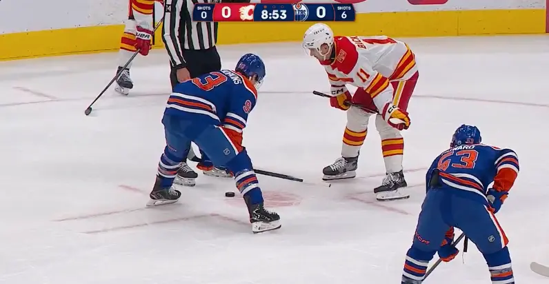 Ryan Nugent Hopkins faceoff against Calgary Flames September 2026 preseason